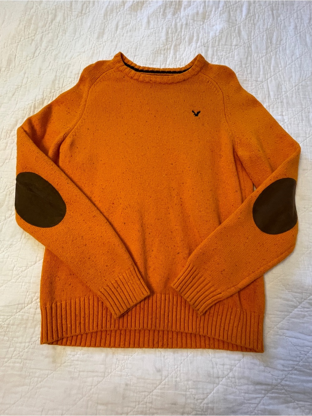 American Eagle Outfitters Orange Crewneck Sweater with Brown Elbow Patches